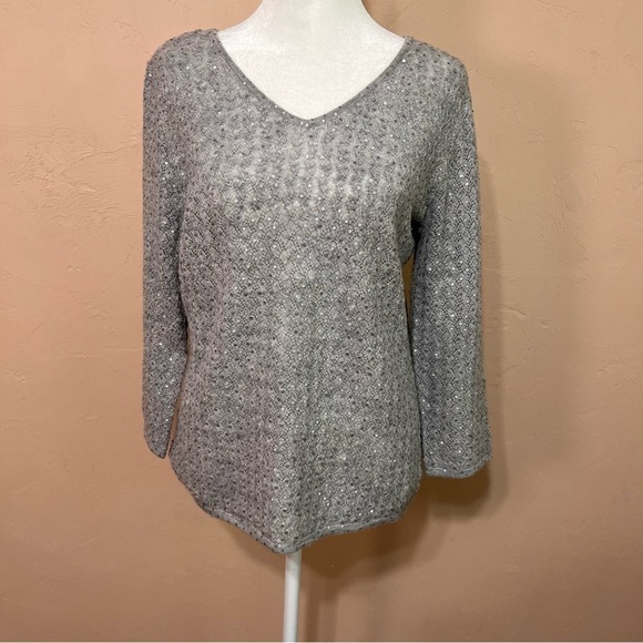 VTG Y2K Wool Blend Gray Sequin v-Neck Pullover Sweater Coldwater Creek Wmns Sz S - Picture 1 of 6